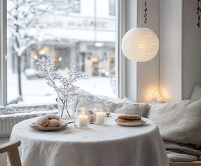 Cozy snowy cafe with pine decor, friends laughing over pastries, soft light, and warm textures isolated on transparent background