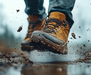  Mud blasted from boots by pressure washer, rubber sole revealed, dirt flying isolated on transparent background