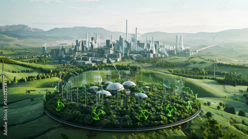 Poster 未来都市の緑豊かな風景 循環型社会と再生可能エネルギーのコンセプト 鮮やかな緑と青空のコントラスト