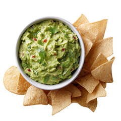 A bowl of guacamole sits on top of a pile of tortilla chips