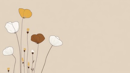 Tranquil Blooms: Minimalist Line Art Flowers in Muted Yellow, Brown, and White on a Soft Beige Background with Ample Copy Space.