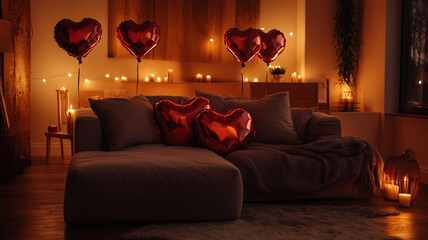 Romantic Valentines Day Living Room with Heart Balloons and Soft Lighting Perfect for a Loving Message (9)