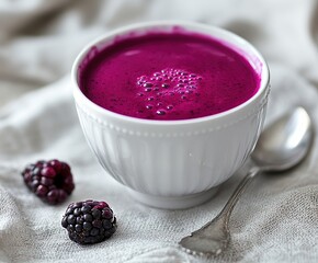  white cup purple smoothie, bubbles on rim, spoon resting beside for calm scene isolated on transparent background