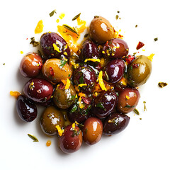 Gourmet Olive Mix with Herbs and Citrus Zest on White Background, Mediterranean Cuisine Still Life