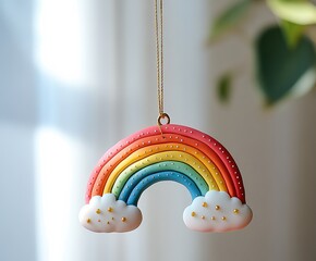   rainbow charm with clouds and dots, gold string and dreamy shadows, handcrafted feel isolated on transparent background
