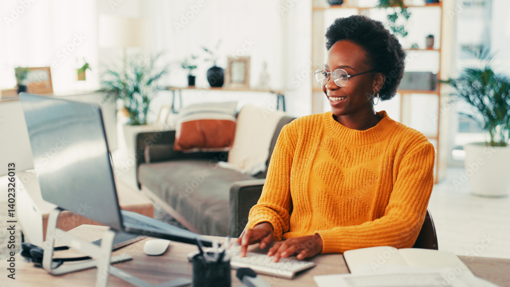 Poster black woman, laptop and typing with remote work from home office, smile and report for administratio