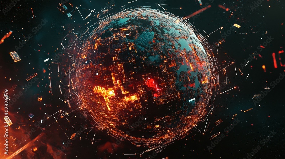 Poster abstract digital globe symbolizing global connectivity, featuring a network of connections and float