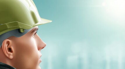 Focused Worker in Green Hard Hat: Close-Up Side Profile of a Young Man Looking Towards a Bright Light on a Teal Background.