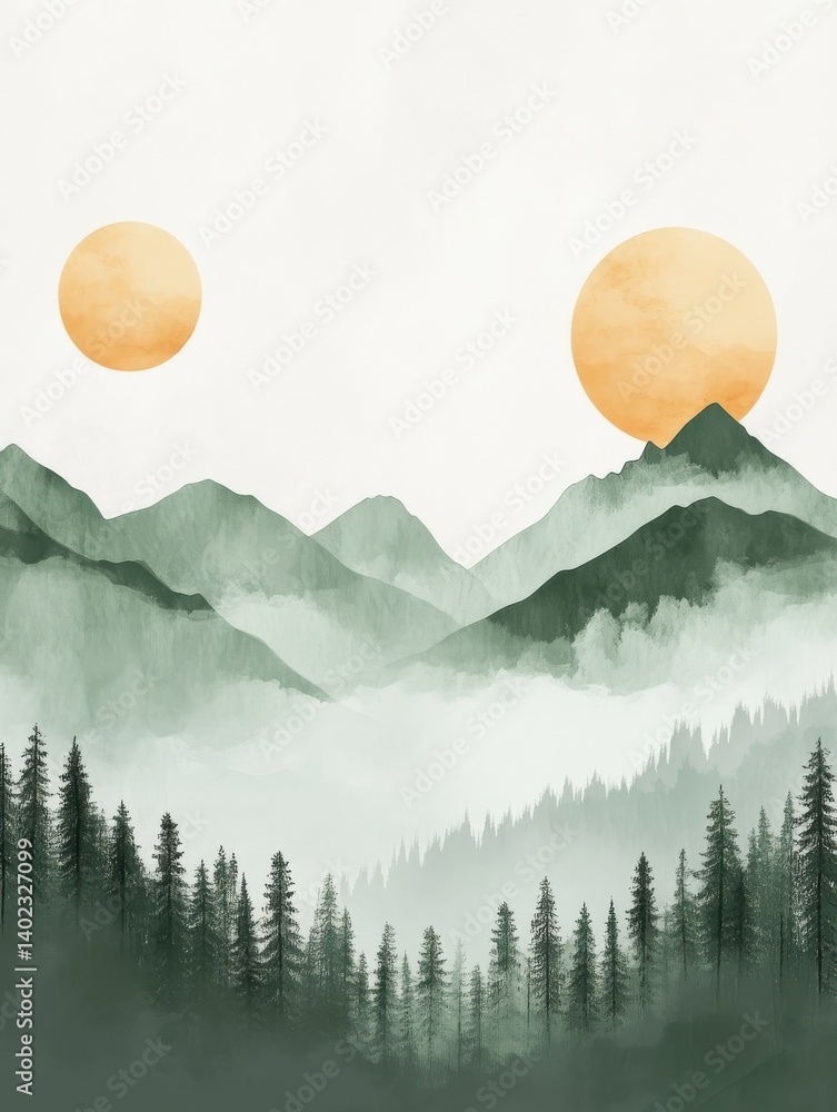 Aufkleber minimal abstract landscape background vector. mountain background with watercolor texture . vector a