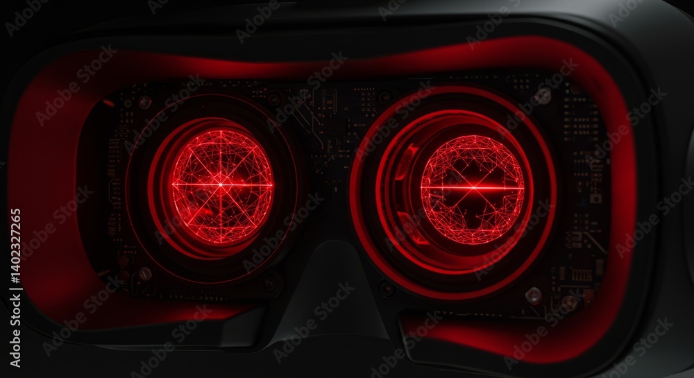 Poster immersive virtual reality headset displaying red holographic interface technology for gaming and sim