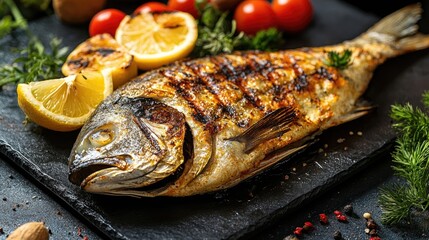 Tasty grilled fish dorado with lemon on a kitchen table