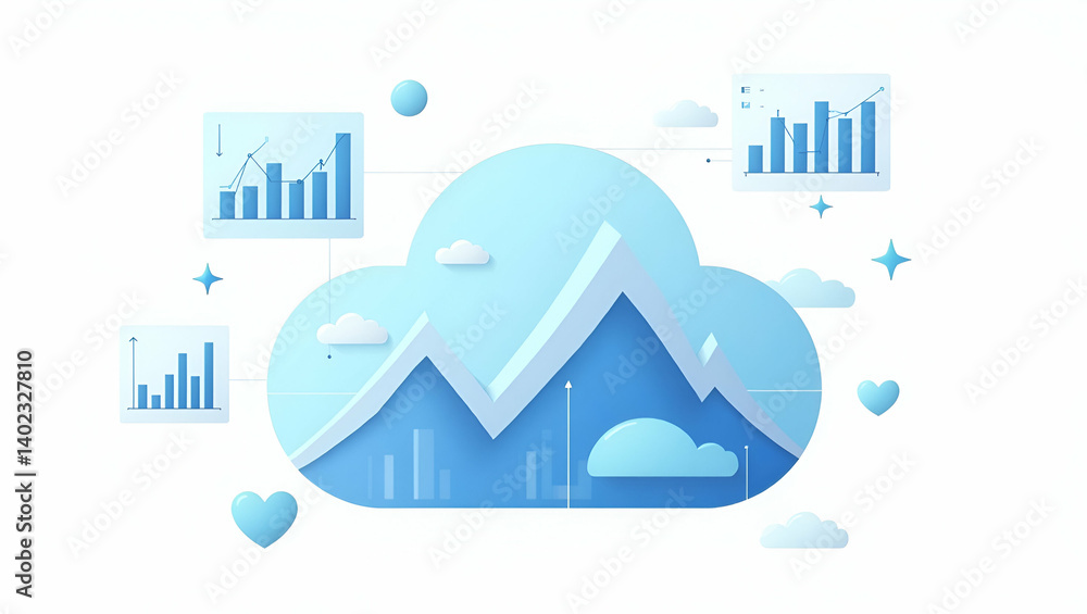 Poster flat detailed image presenting hightech cloud analytics environment utilizing real time data visuali