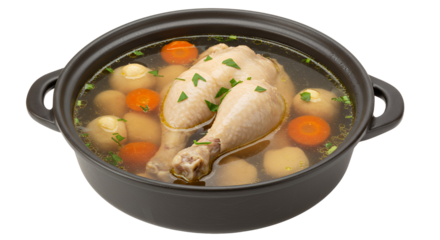 Chicken Soup with Carrots and Dumplings in Dark Pot on Transparent Background