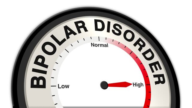 Bipolar Disorder text or word displayed with a barometer or tachometer-style gauge showing levels from low to normal to high, symbolizing the fluctuation of mood and mental health