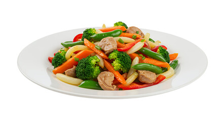 Colorful Vegetable And Meat Stir-Fry On White Plate