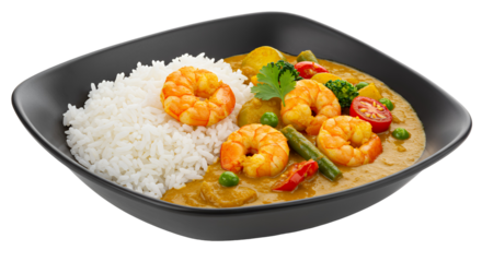Creamy Yellow Shrimp Curry with White Rice in Dark Bowl