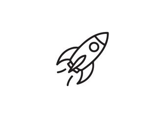 Simple black line art rocket icon, perfect for startup concepts.