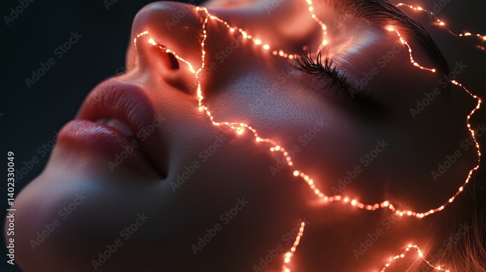 Poster woman's face illuminated by glowing lights creating a striking visual effect in a dark setting