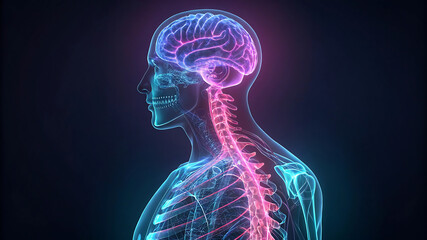"Medical Illustration of Brain and Spine with Glowing Neural Networks"