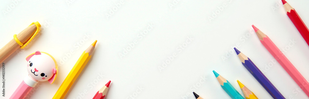 Poster Delightful Display Of Colorful Child Stationery Against White Background, Perfect For Text Or Advert Placement In A Charming Setting.