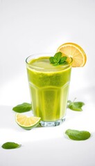 Fototapeta premium Vibrant green smoothie in clear glass, isolated on white, food, chlorophyll, product photography