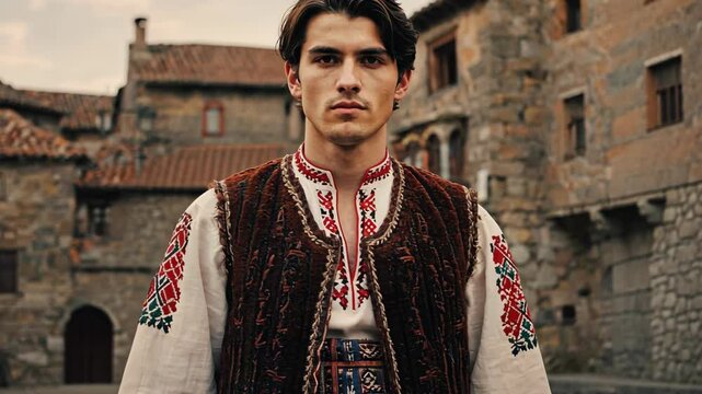 Man in Traditional Clothing Posing Outdoors with Stone Buildings and Red Tile Roofs, Cultural Heritage Attire, Historical Village Ambiance