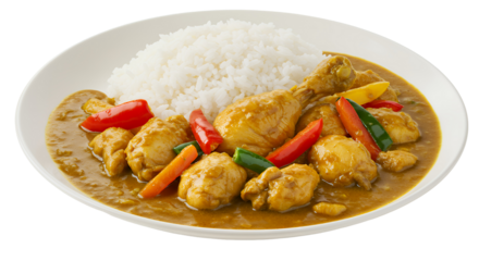 Golden Chicken Curry with Rice on White Plate, Transparent Background