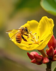 A honeybee gathers nectar from a vibrant yellow dogwood blossom, bee, flower