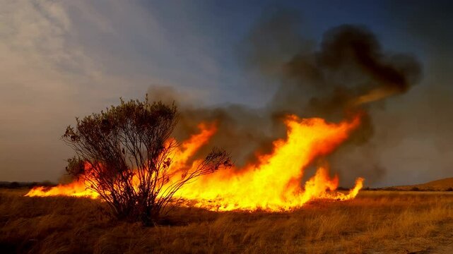 Brush and Tree Landscape Burning with Flame and Smoke