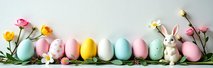 Easter Decorations Combine Colorful Eggs, Bunny Accents, Willow Branches, And Fresh Flowers In A Joyful Springtime Display Arrangement.