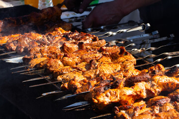 Close-up of Shish Kebab Grilling Over Hot Coals