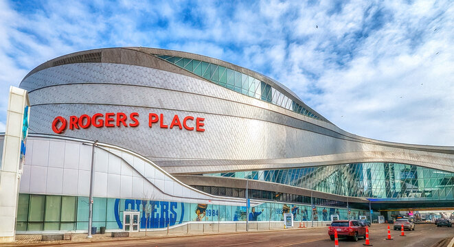 The Rogers Place arena in downtown Edmonton, Alberta, Canada on a sunny day. The stadium is home of the NHL's Edmonton Oilers.