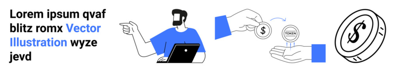 Man points while holding tablet, coin exchanges between hands, single coin with dollar mark spins. Ideal for finance, payment transfer, tech, banking, cryptocurrency, investment flat landing page