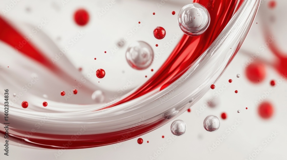 Poster abstract swirling metallic forms with red accents and scattered spheres in a dynamic composition ill