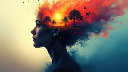 Surreal Double Exposure Portrait – Woman with Sunset Landscape Mindscape