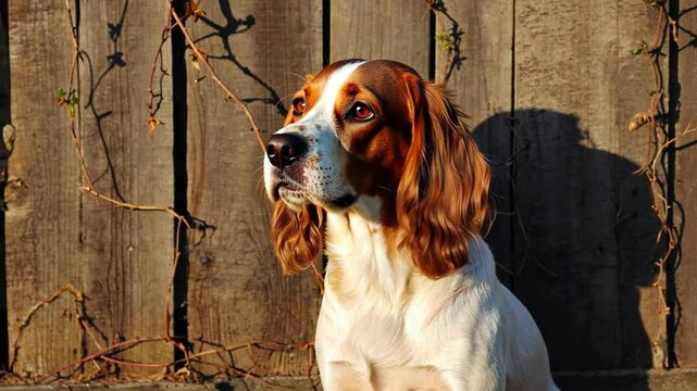 Attentive welsh springer spaniel dog poses outdoors near aged wooden fence with natural lighting, capturing the essence of a beautiful pet