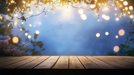 i. Wooden surface under evening sky, enchanted by string lights and blurred café background filled with warm silhouettes 
