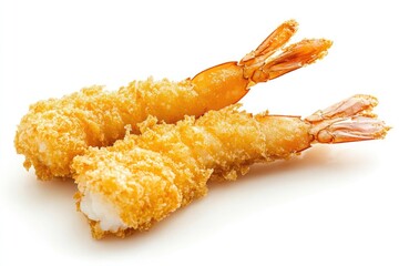 one panko breaded flat shrimp with tail isolated on a white background