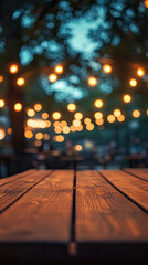 j. Wooden table at twilight, bokeh lighting illuminating the surface with dreamy café scenery softly out of focus 