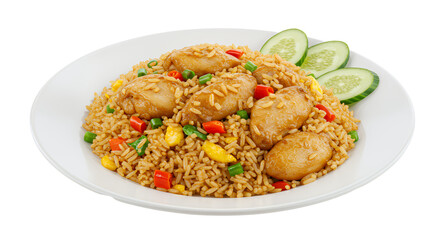 Savory Chicken Fried Rice with Mixed Vegetables and Cucumber Garnish