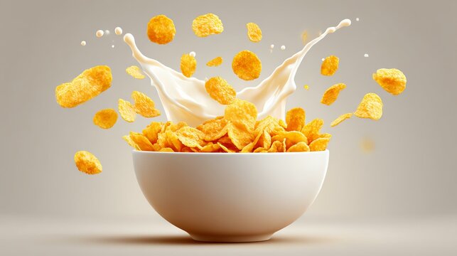 Fresh milk and wheat image, advertising, white background A vibrant bowl of cereal splashing milk with flying flakes, capturing the essence of a delightful breakfast.