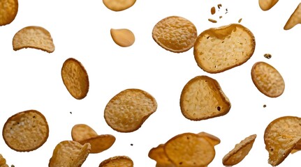 Crispy Wheat Snacks Falling on White Background...