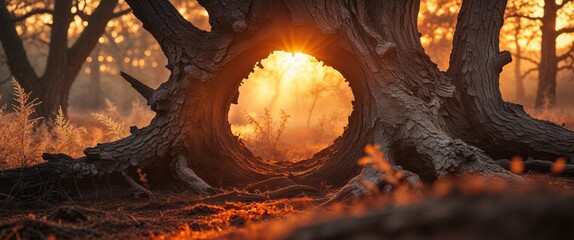 Golden Hour Sunlight Through Old Tree Trunk Hole