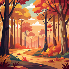 Vector illustration of autumn landscape, autumn park with yellow, golden trees