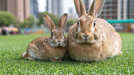 Fototapeta premium Two adorable rabbits resting on artificial grass.