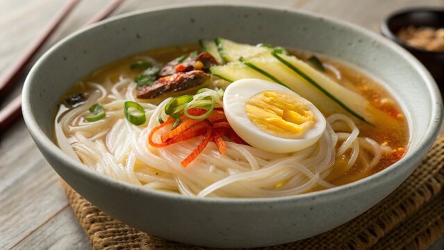 Close up of Janchi Guksu Korean somen noodle soup with sliced boiled egg in warm and savory presentation