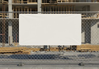 Industrial Advertising Space—Blank White Banner Mockup Mounted on a Chain-Link Fence at a Construction Site