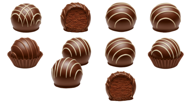 Twelve Dark Brown Chocolate Truffles with White Stripes on Transparent Background