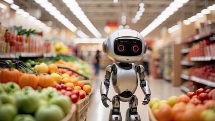 Super Cute AI Robot Shopping for Vegetables in the Supermarket – Delivery Concept