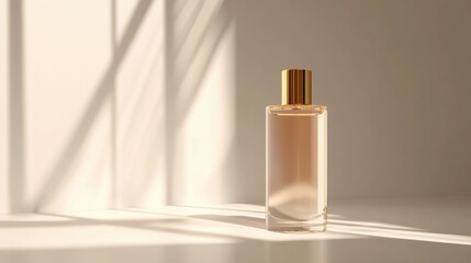 Elegant perfume bottle with gold cap in soft light beauty product shot